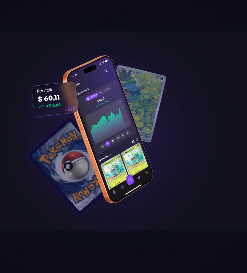 NameApp portfolio on iPhone with Pokémon cards and a portfolio value badge